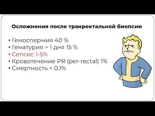 Осложнения после транректальной биопсии Гемоспермия 40 % Гематурия > 1 дня 15