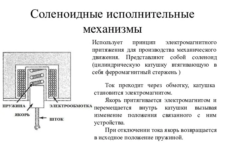 Соленоидные исполнительные механизмы Использует принцип электромагнитного притяжения для производства механического движения. Представляют