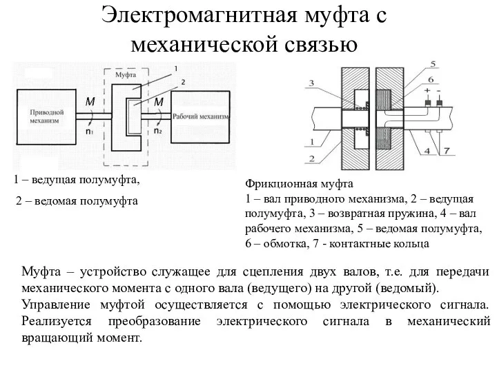 Электромагнитная муфта с механической связью 1 – ведущая полумуфта, 2 – ведомая