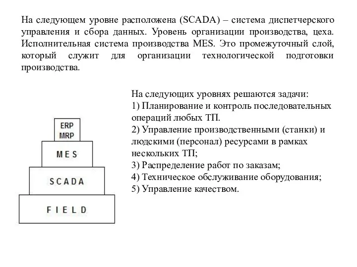 На следующем уровне расположена (SCADA) – система диспетчерского управления и сбора данных.
