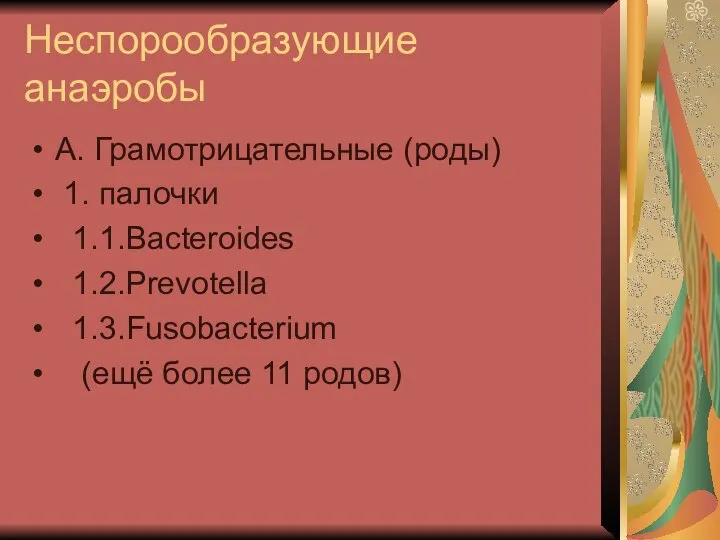 Неспорообразующие анаэробы А. Грамотрицательные (роды) 1. палочки 1.1.Bacteroides 1.2.Prevotella 1.3.Fusobacterium (ещё более 11 родов)