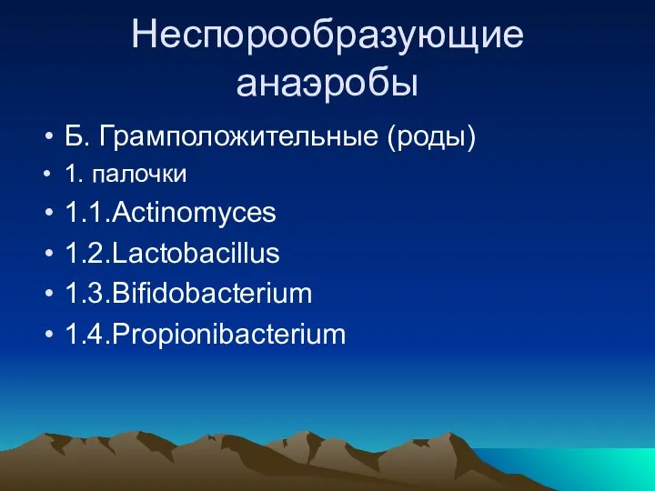 Неспорообразующие анаэробы Б. Грамположительные (роды) 1. палочки 1.1.Actinomyces 1.2.Lactobacillus 1.3.Bifidobacterium 1.4.Propionibacterium