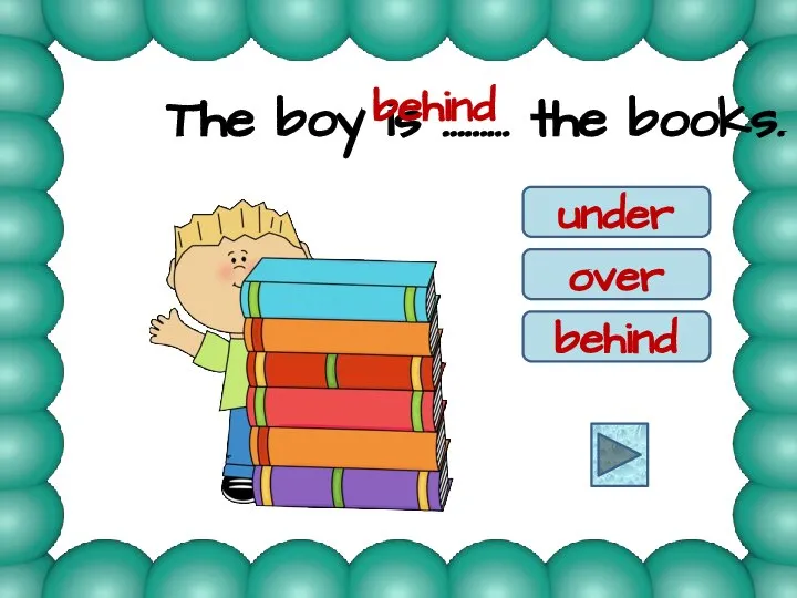 The boy is ……… the books. under over behind behind