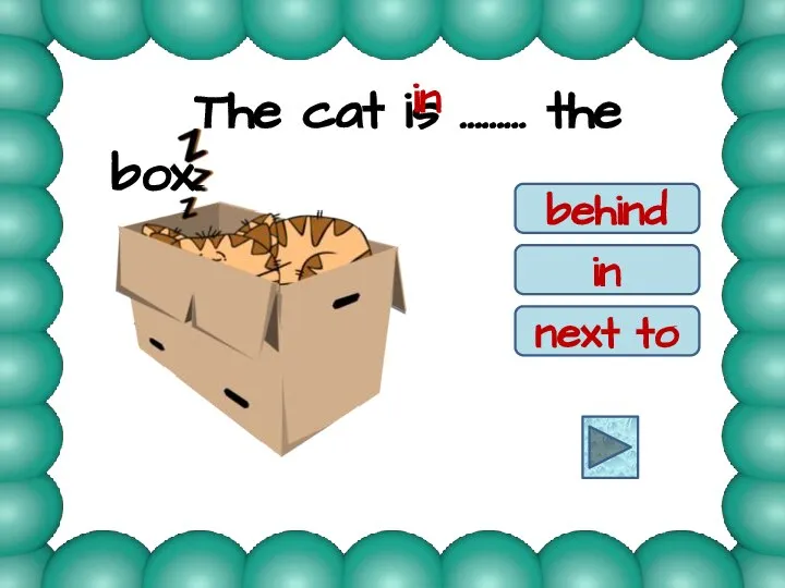 The cat is ……… the box. behind in next to in