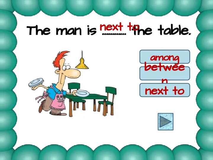 The man is ………… the table. among between next to next to