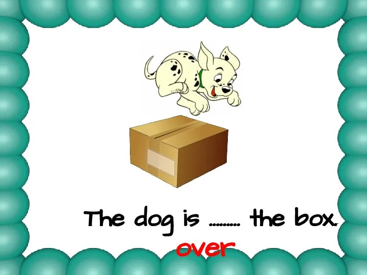 The dog is ……… the box. over