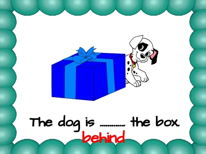 The dog is …………. the box. behind