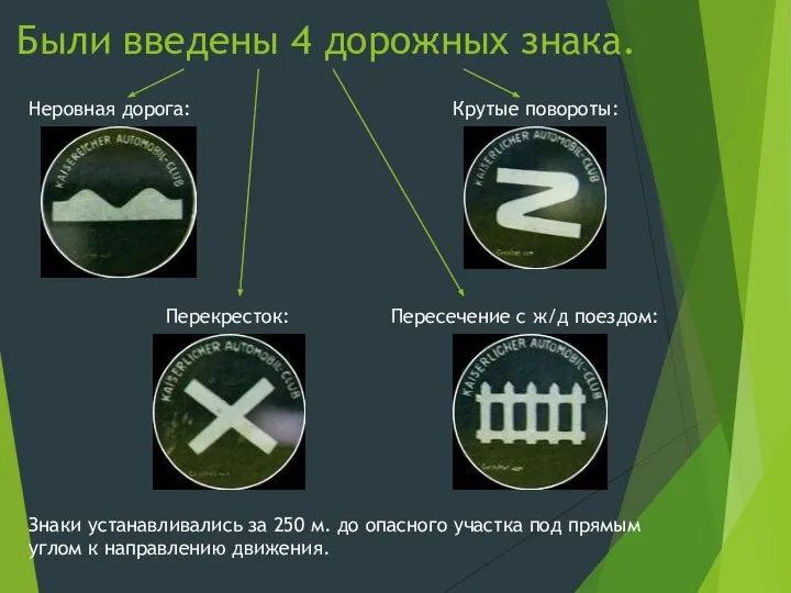 Были введены 4 дорожных знака. Неровная дорога: Крутые повороты: Перекресток: Пересечение с