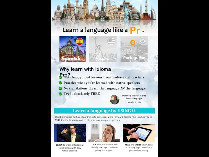 Learn a language like a . English Spanish Portuguese TALK with professional