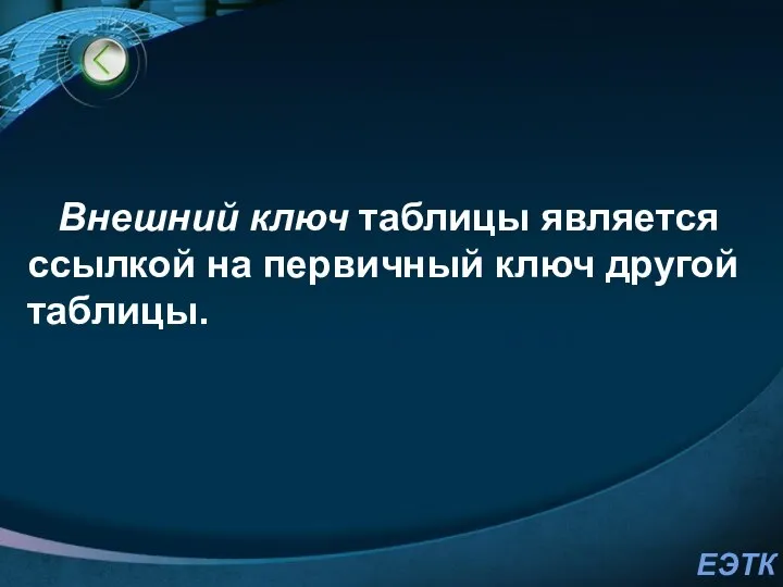 Внешний ключ таблицы является ссылкой на первичный ключ другой таблицы.