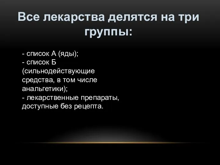 Все лекарства делятся на три группы: - список А (яды); - список