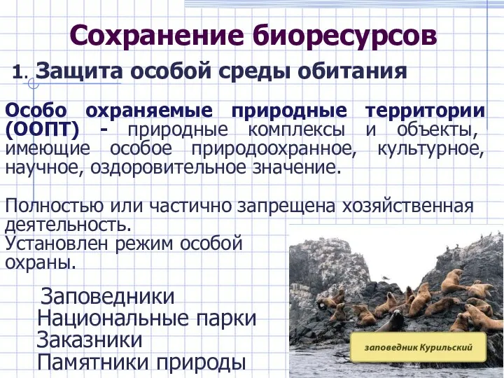 Сохранение биоресурсов 1. Защита особой среды обитания Особо охраняемые природные территории (ООПТ)