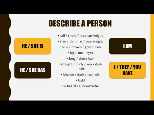 DESCRIBE A PERSON tall / short / medium height slim / thin