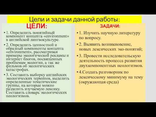 Цели и задачи данной работы: ЦЕЛИ: 1. Определить понятийный компонент концепта «environment»