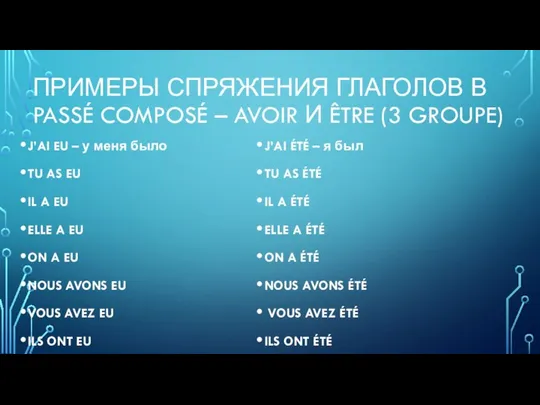 ПРИМЕРЫ СПРЯЖЕНИЯ ГЛАГОЛОВ В PASSÉ COMPOSÉ – AVOIR И ÊTRE (3 GROUPE)