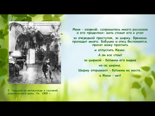 Е. Чарушин на велосипеде в гостиной родительского дома. Ок. 1905 г. Женя