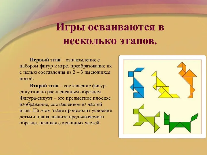 Игры осваиваются в несколько этапов. Первый этап – ознакомление с набором фигур