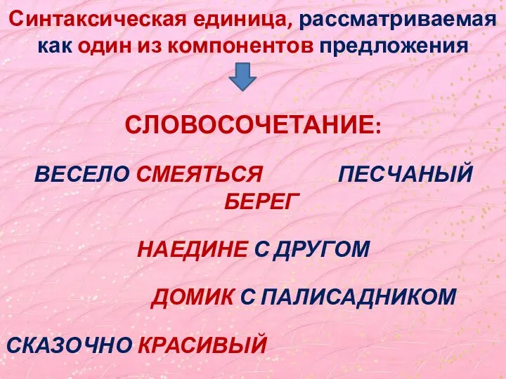 СЛОВОСОЧЕТАНИЕ: ВЕСЕЛО СМЕЯТЬСЯ ПЕСЧАНЫЙ БЕРЕГ НАЕДИНЕ С ДРУГОМ ДОМИК С ПАЛИСАДНИКОМ СКАЗОЧНО