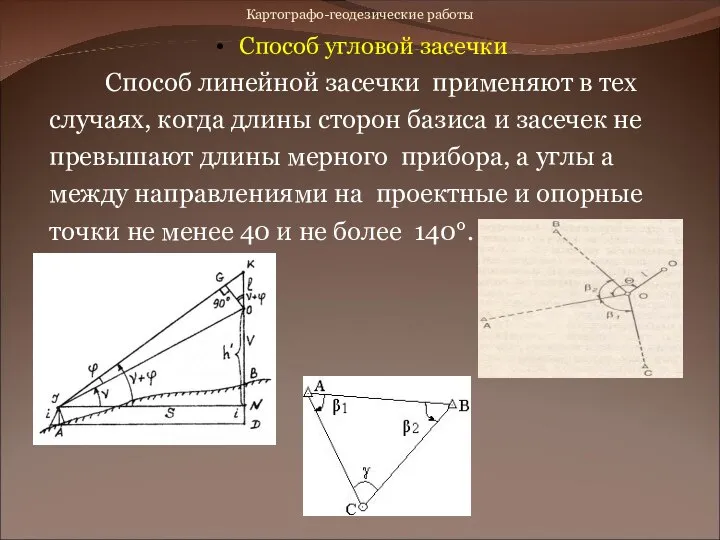 Картографо-геодезические работы Способ угловой засечки Способ линейной засечки применяют в тех случаях,