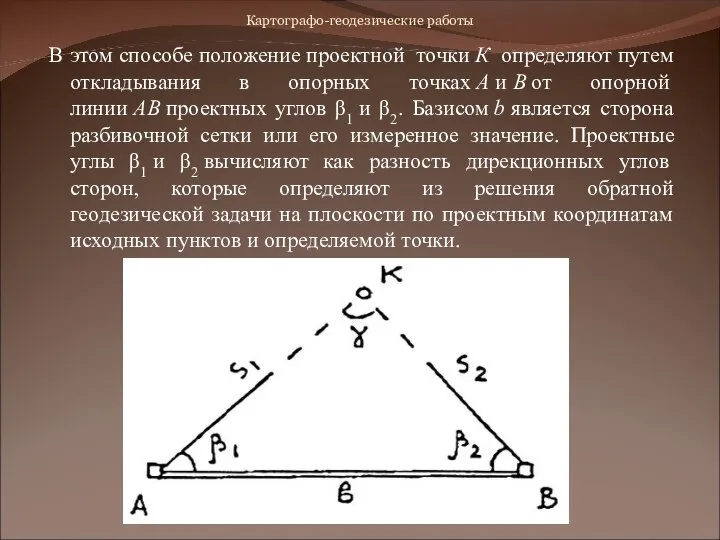 Картографо-геодезические работы В этом способе положение проектной точки К определяют путем откладывания