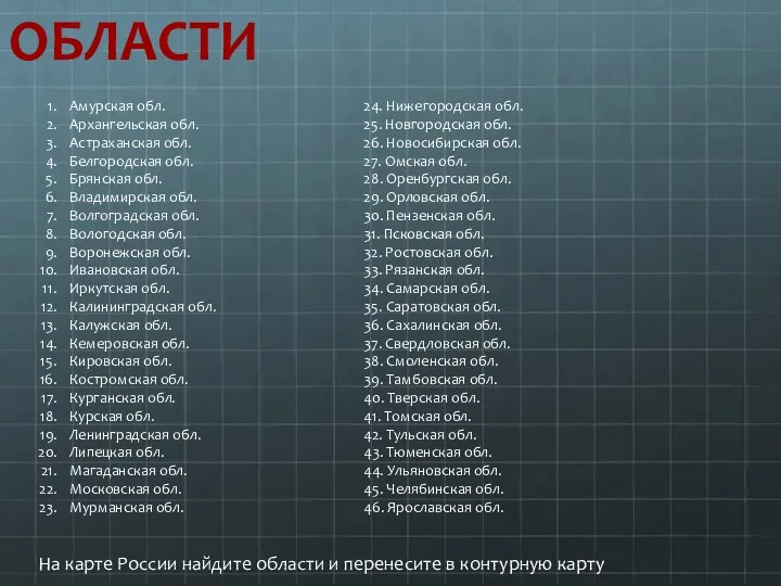 ОБЛАСТИ Амурская обл. Архангельская обл. Астраханская обл. Белгородская обл. Брянская обл. Владимирская