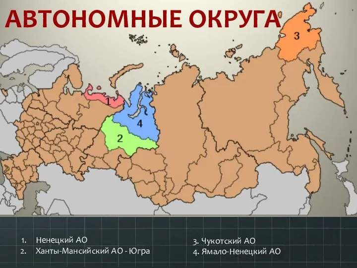 АВТОНОМНЫЕ ОКРУГА Ненецкий АО Ханты-Мансийский АО - Югра 3. Чукотский АО 4. Ямало-Ненецкий АО