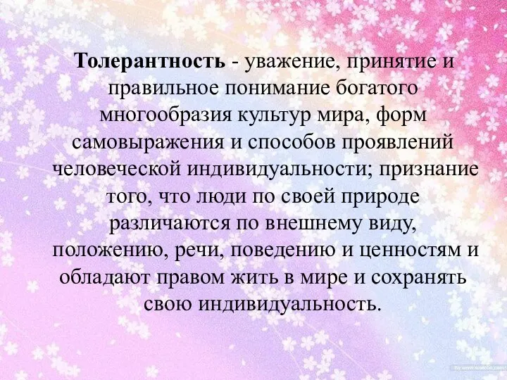 Толерантность - уважение, принятие и правильное понимание богатого многообразия культур мира, форм