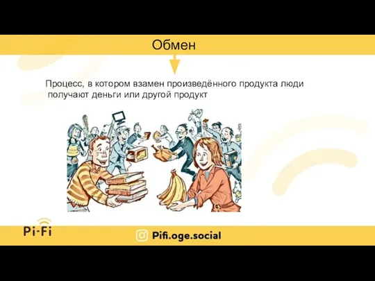 Обмен Процесс, в котором взамен произведённого продукта люди получают деньги или другой продукт