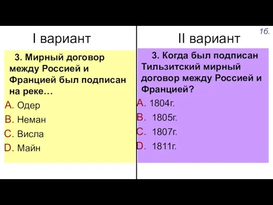 I вариант II вариант 3. Мирный договор между Россией и Францией был