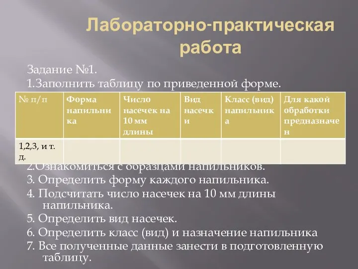 Лабораторно-практическая работа Задание №1. 1.Заполнить таблицу по приведенной форме. 2.Ознакомиться с образцами