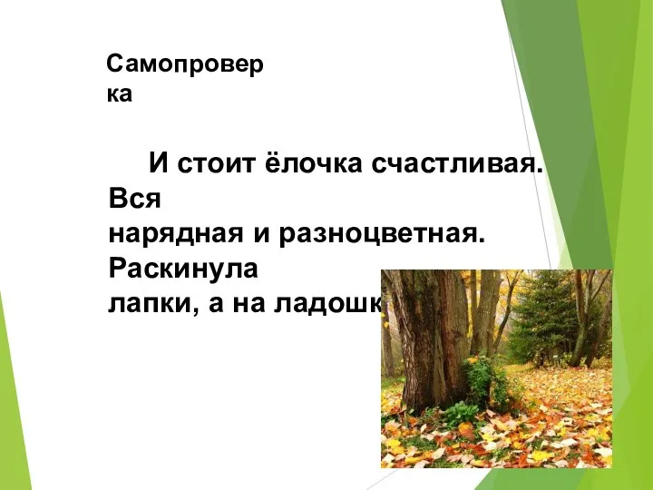 Самопроверка И стоит ёлочка счастливая. Вся нарядная и разноцветная. Раскинула лапки, а на ладошках подарки.