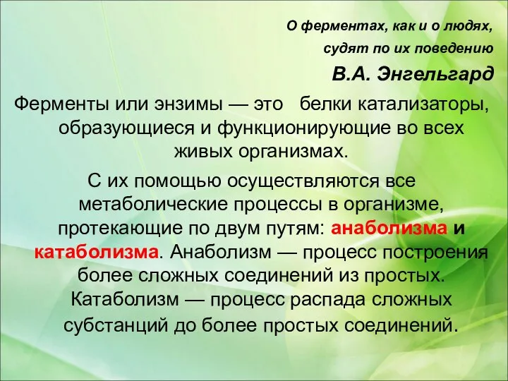 О ферментах, как и о людях, судят по их поведению В.А. Энгельгард