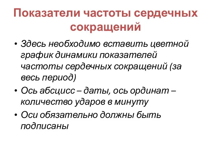 Показатели частоты сердечных сокращений Здесь необходимо вставить цветной график динамики показателей частоты