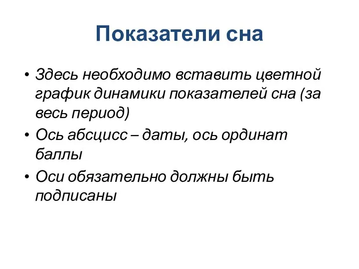 Показатели сна Здесь необходимо вставить цветной график динамики показателей сна (за весь