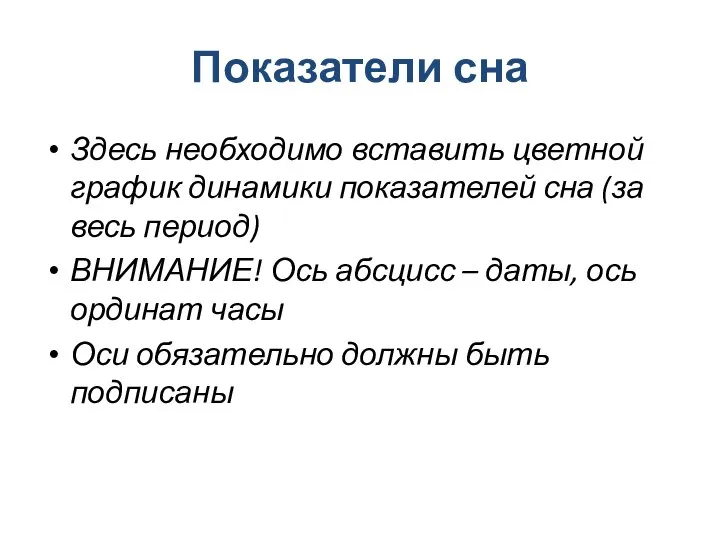 Показатели сна Здесь необходимо вставить цветной график динамики показателей сна (за весь