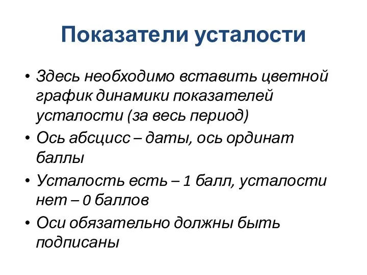 Показатели усталости Здесь необходимо вставить цветной график динамики показателей усталости (за весь