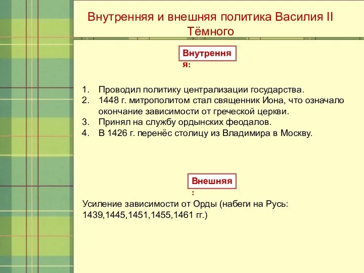 Внутренняя и внешняя политика Василия II Тёмного Внутренняя: Проводил политику централизации государства.