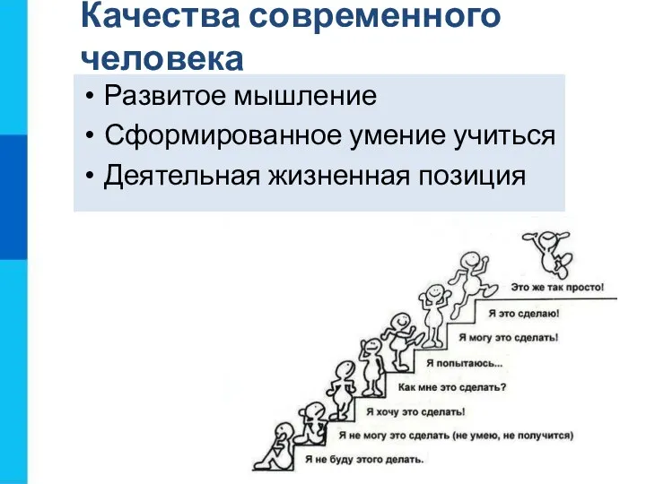 Развитое мышление Сформированное умение учиться Деятельная жизненная позиция Качества современного человека