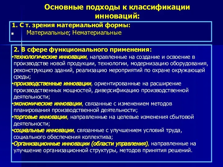 1. С т. зрения материальной формы: Материальные; Нематериальные 2. В сфере функционального