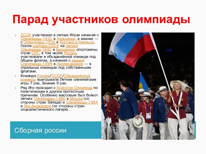 Парад участников олимпиады Сборная россии СССР участвовал в летних Играх начиная с