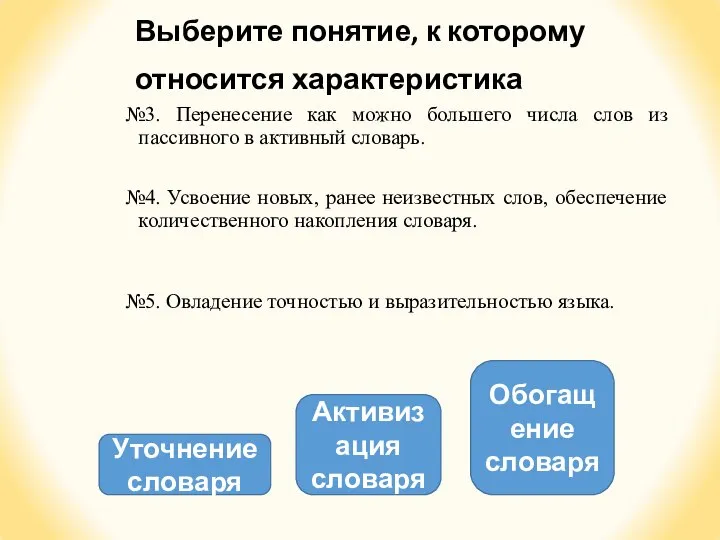 Выберите понятие, к которому относится характеристика №3. Перенесение как можно большего числа