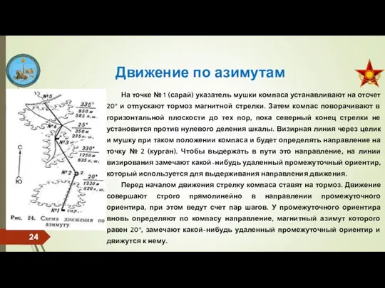 На точке № 1 (сарай) указатель мушки компаса устанавливают на отсчет 20°