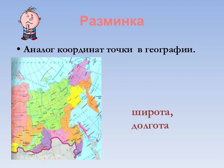 Разминка Аналог координат точки в географии. широта, долгота