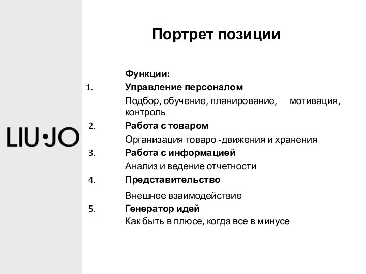 Портрет позиции Функции: Управление персоналом Подбор, обучение, планирование, мотивация, контроль 2. Работа