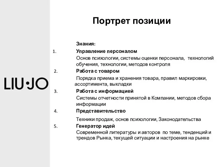 Портрет позиции Знания: Управление персоналом Основ психологии, системы оценки персонала, технологий обучения,