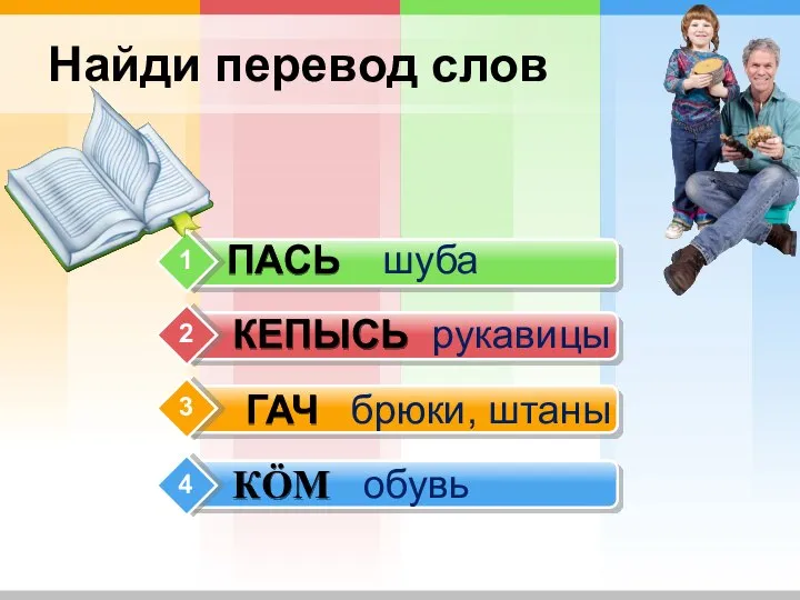 КӦМ ГАЧ КЕПЫСЬ Найди перевод слов 2 3 4 ПАСЬ 1 шуба рукавицы брюки, штаны обувь