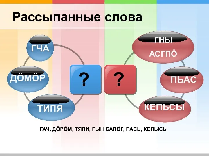 Рассыпанные слова ГЧА ДÖМÖР ТИПЯ ГНЫ АСГПÖ ПЬАС КЕПЬСЫ ГАЧ, ДÖРÖМ, ТЯПИ,