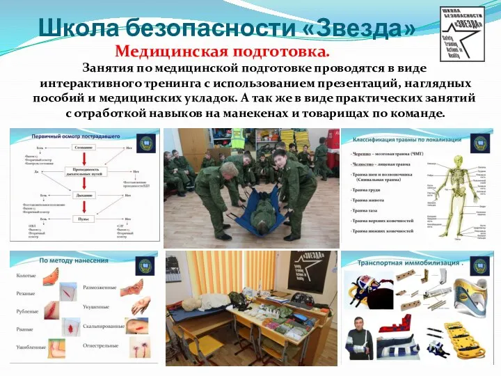 Школа безопасности «Звезда» Занятия по медицинской подготовке проводятся в виде интерактивного тренинга