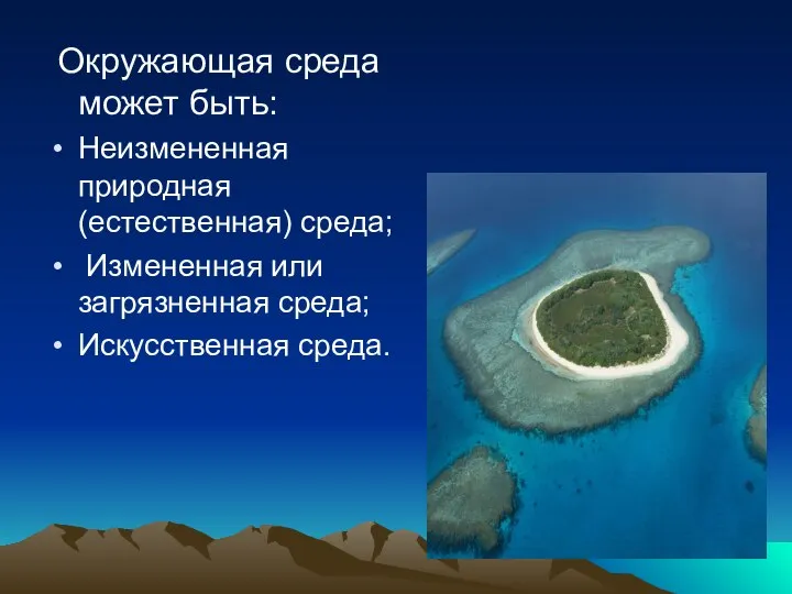 Окружающая среда может быть: Неизмененная природная (естественная) среда; Измененная или загрязненная среда; Искусственная среда.