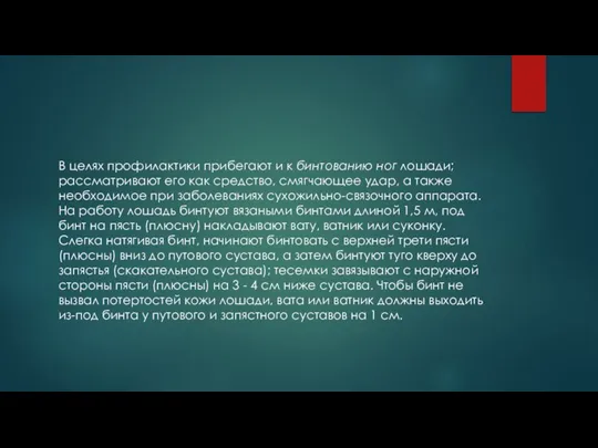 В целях профилактики прибегают и к бинтованию ног лошади; рассматривают его как